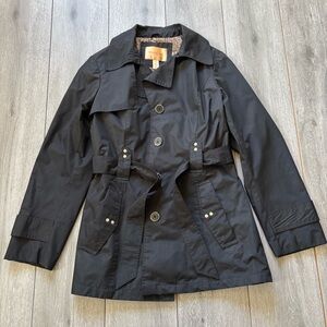 NorthCrest Classic Black trench coat button up tie belt waist Medium 10/12 EUC